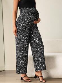MaterniWear Quần Palazzo cạp cao dáng rộng thoải mái dành cho bà bầu với họa tiết hoa. - màu đen - Xem 3