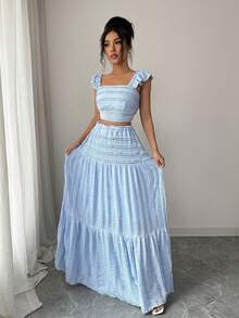 Elenzga 春夏蓝色针织纹理抹胸上衣，喇叭袖，搭配层叠A字裙套装，优雅法式度假风女装 - 淺藍色 - 查看 4