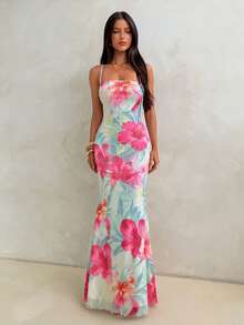 Aloruh Đầm maxi nữ thanh lịch in hoa, ôm sát, thắt eo, hở lưng, thích hợp cho kỳ nghỉ biển. - Nhiều màu - Xem 3