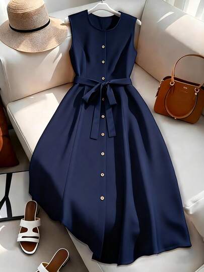 GlowEve CURVE 藏蓝色无袖休闲中长连衣裙，大码，春夏款