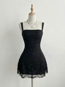 Elamini Women's Casual Sexy Backless Lace Cinched Waist Dress - Black - View 3