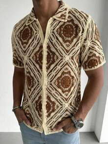 Manfinity LEGND Men's Water-Soluble Embroidered Open Front Short Sleeve Cardigan - Coffee Brown - View 3