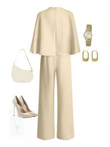 Pariaura 女士优雅法式圆领斗篷，配金属扣腰带，收腰休闲连体裤，适合冬季穿着 - 杏色 - 查看 2