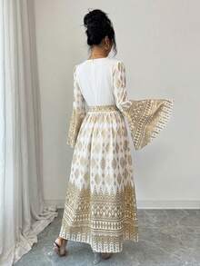 Rafferiza Vestido con estampado floral de manga acampanada con lámina de oro para mujer - Blanco - Ver 2