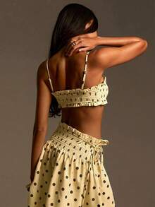 Athîral 女士休闲度假粉色波点两件套，可调节肩带吊带上衣和迷你裙 - 黃色 - 查看 2