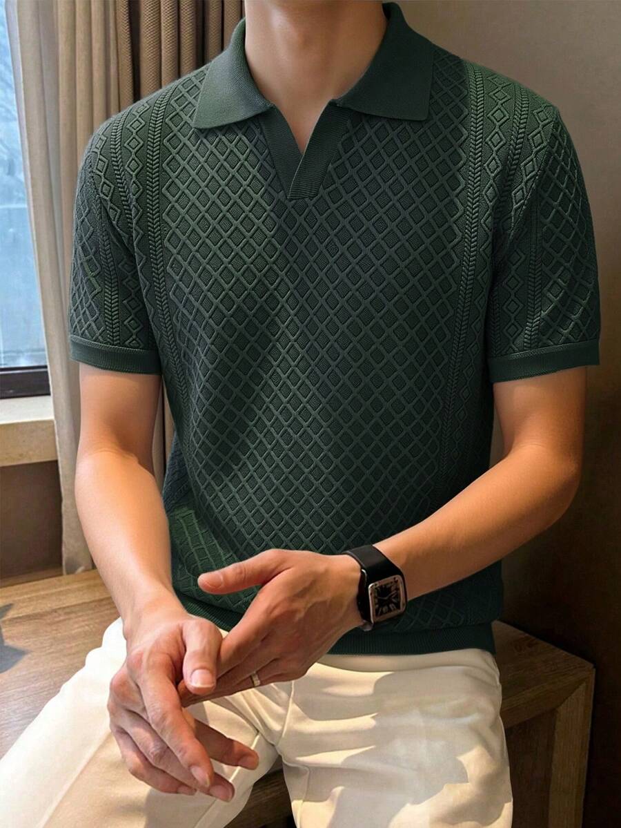 Manfinity Homme 男士纯色 Polo 领短袖休闲针织上衣 - 軍綠色 - 查看 1
