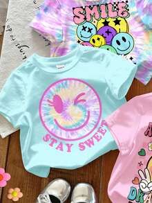 SHEIN 3件套 时尚个性人像系列 女婴休闲圆领短袖T恤，亮蓝色、亮粉色、扎染彩色，适合所有季节日常穿着，适合校园、郊游、街头、度假、返校节、春夏装扮 - 彩色 - 查看 4