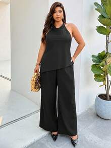 Auralis Plus Size Summer Casual Solid Color Backless Halter Top And Pants 2 Pieces Set - Black - View 7