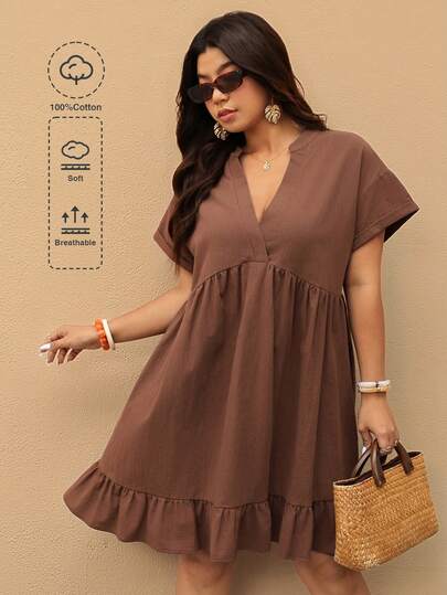 Elaquor Đầm ngắn màu trơn dáng rộng dành cho nữ cỡ lớn, thích hợp mặc mùa hè.