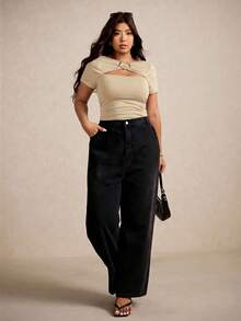 Elaquor T-shirt café polyvalent et minimaliste pour femmes grandes tailles, avec boucle métallique. Tenue d'été - Nude - Voir 2