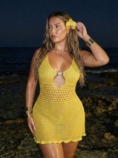 SHEIN ICON Plus Size Women Solid Color Hollow Design Metal Starfish Decor Sexy Camisole Knit Dress