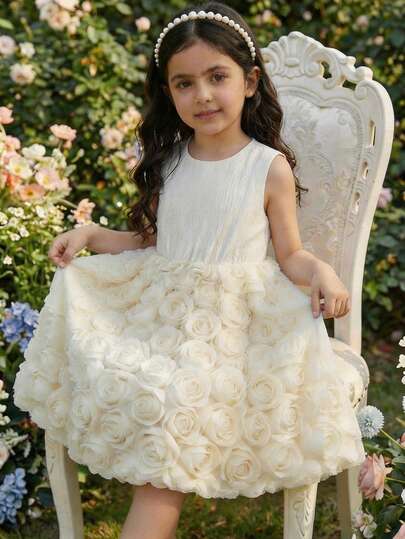 这款女童无袖连衣裙，上身采用纹理面料，后背饰有大蝴蝶结，裙摆为蓬松的3D立体花朵薄纱，整体奢华精致，适合派对、演出等各种场合，展现小女孩活泼甜美的魅力。