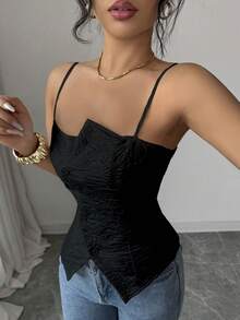 Elenzga Women's Spring/Summer New Arrival French Retro Elegant Elegant Casual Commute High-End Textured Fabric Camisole With Waist Cinching And Side Slit - Black - View 7