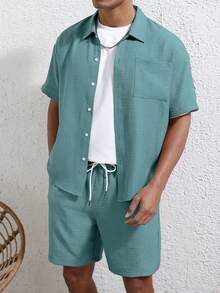 Manfinity Homme 男士夏季休闲纯色短袖衬衫和短裤套装 - 藍色 - 查看 5