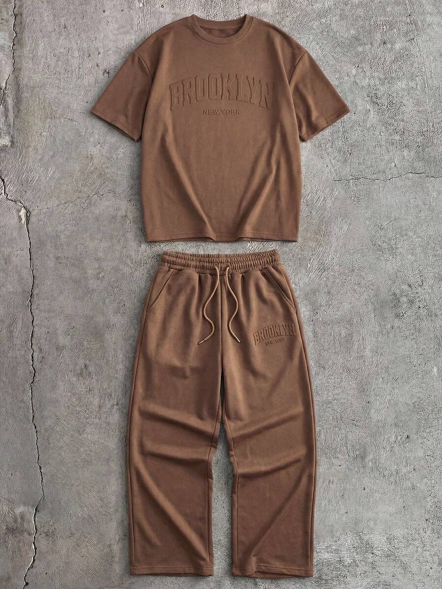 Manfinity Unisex 2 件套男士宽松落肩圆领短袖 T 恤和抽绳腰直筒裤套装夏季服装，舒适服装 - 咖啡棕 - 查看 1
