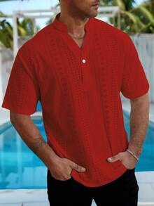 Genlund Áo sơ mi nam cỡ lớn cổ chữ V màu trơn, kiểu dáng thường ngày, đa năng, tay ngắn. - Đỏ - Xem 6