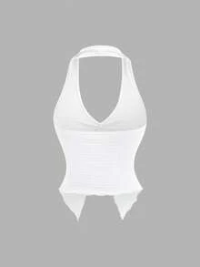 Conjunto de dos piezas con top corto de escote profundo en V y espalda descubierta, y minifalda con botones metálicos retro, estilo sexy europeo y americano, adecuado para primavera/verano, vacaciones, citas - Blanco - Ver 3