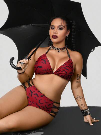 ROMWE Goth 大码女式两件套随机红色蝙蝠印花时尚度假日常休闲性感三角杯高腰三角裤抽绳挂脖开衩比基尼套装