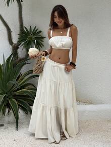 Livesso 春夏白色露脐吊带背心和百褶迷你裙套装，商务休闲、度假、海滩、优雅办公女装 - 米色 - 查看 2