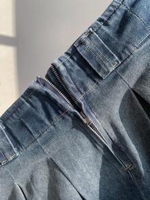 Elamini 女士休闲毛边褶皱牛仔迷你裙 - 藍色 - 查看 5