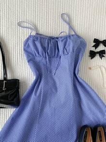 Comfortcana 女士休闲格子吊带迷你连衣裙，夏季 - 藍色 - 查看 10