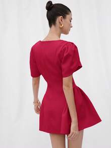BELROSIE Italian Style Tulip 3D Short Sleeve Round Neck Peplum Hem Split Skirt Women Short Princess Dress - Red - View 2