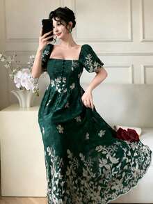 DAZY Vestido com bordado floral francês, estilo romântico nostálgico, novidade da moda: vestidos de verão boho para mulheres, perfeitos para férias. - Verde escuro - Ver 4