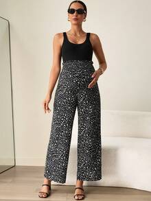 MaterniWear Quần Palazzo cạp cao dáng rộng thoải mái dành cho bà bầu với họa tiết hoa. - màu đen - Xem 5