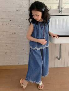 Dazy Kids 年轻女孩夏季休闲度假风刺绣无袖宽松牛仔上衣和阔腿牛仔裤套装 - 中等水洗藍 - 查看 3
