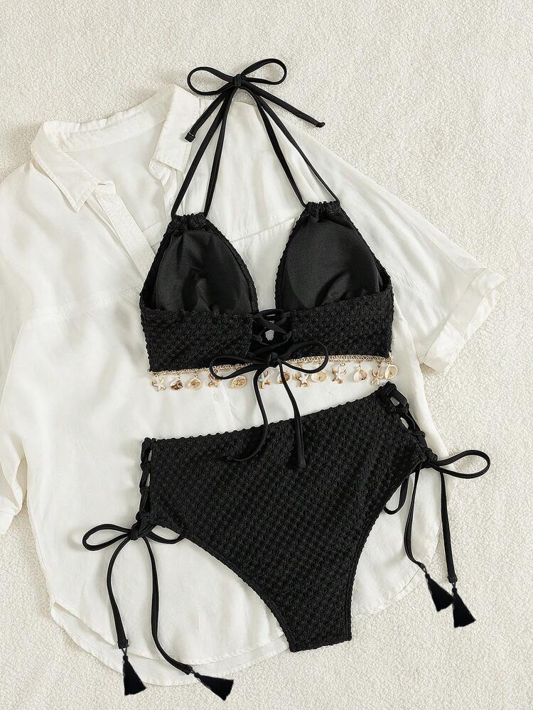 Swim Vcay Women's New Knotted Halter Triangle Cup Double Shoulder Strap Backless Tie-Up Triangle Bottoms With Side Tie And Tassel Decor Accessories Random Split Bikini Set Set - Black - View 5