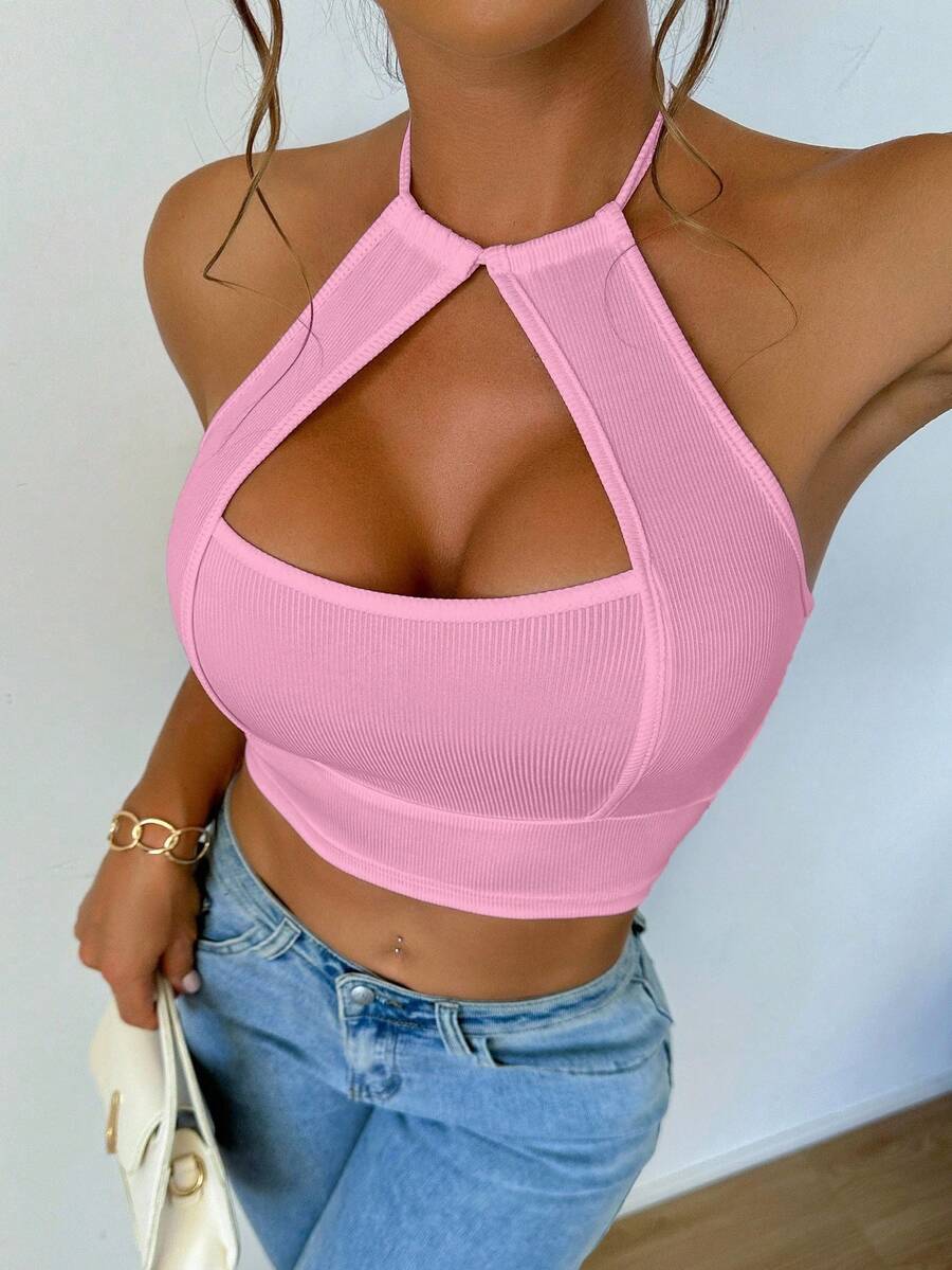 VaVaBold Women's Watermelon Pink Knitted Halter Cut Out Micro Crop Tank Top Casual Plain Design - Watermelon Pink - View 1