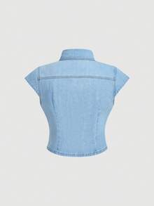 Sweetra Rompi Denim Tanpa Lengan Kasual Modis untuk Wanita, Ukuran Plus - Light Wash - View 2