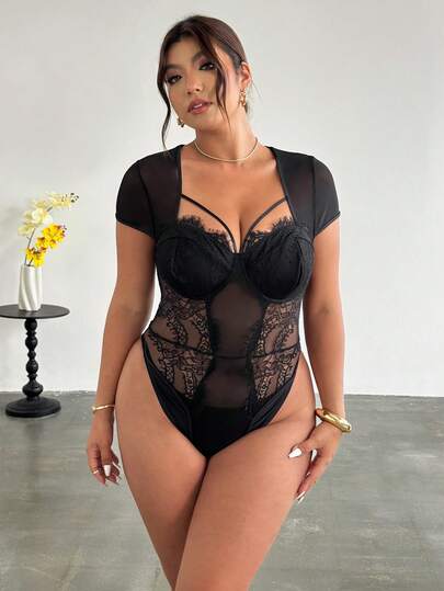 Firerie Plus Size Women's Contrast Lace Sweetheart Neck Short Sleeve Sexy Bodysuit