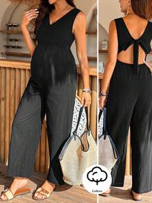 SHEIN Maternity Casual Solid V-Neck Sleeveless Wide Leg Jumpsuit - Black - View 1
