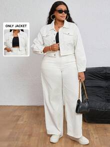 SHEIN ICON Plus Size Women Crochet Denim Casual Jacket, Autumn/Winter - Beige - View 1