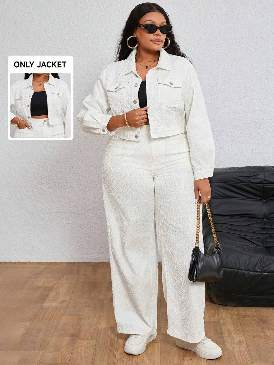 SHEIN ICON Plus Size Women Crochet Denim Casual Jacket, Autumn/Winter - Beige - View 1