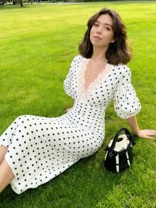INAWLY Women's Elegant Polka Dot Print Lace Patchwork Summer Dress - Ivory White - View 6