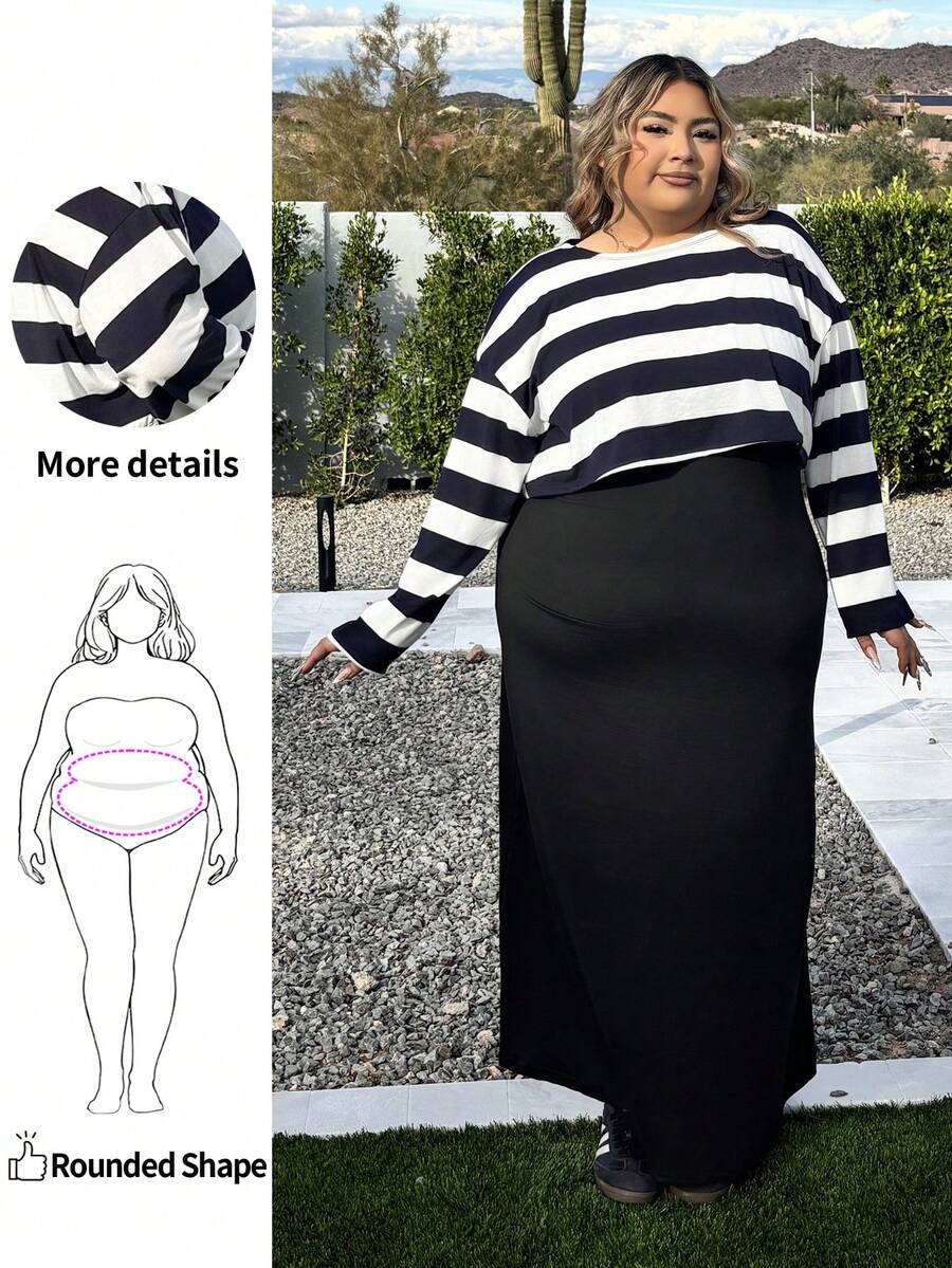 Enliva 大码女装秋冬时尚休闲日常舒适黑白条纹长袖宽松T恤和黑色背心长裙两件套，曲线套装，连衣裙套装，女士街头服饰，春装，女士机场装，大学生装 - 藏蓝色 - 查看 1
