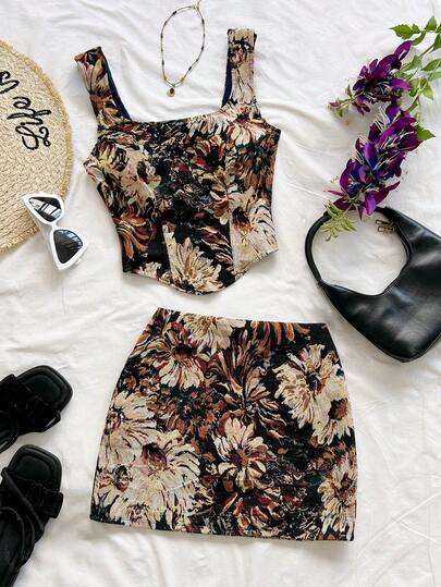 Soleia طقم فستان نسائي من قطعتين على الطراز الملكي الأزرق الأنيق، مزين بنقشات زهرية ملونة من الجاكار: توب بوسطرة وأزرار أمامية وربطة خلفية، تنورة قصيرة، مناسب للربيع والصيف