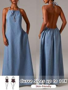 Plus Size Women's Casual Backless Denim Dress, Suitable For Summer Summer Dress Spring Dress Spring Clothes Women Festival Outfits For Women Party Dresses For Women Beach Dresses Beach Dresses For Women Graduation Dresses Elegant Dresses For Women Elegant Dresses For Ladies Casual Dress Vacation Outfits Women Summer Holiday Outfits Vacation Dresses Beach Vacation Outfits For Women Blue Dress Women's Sleeveless Halter Neck Denim Maxi Dress With Pockets For Casual Summer Style - 中等水洗 - 查看 7