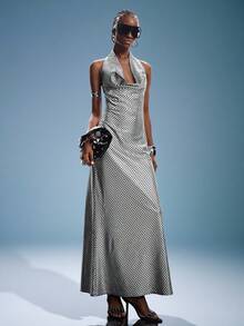 Silver Foil Plaid Backless Draped Neck Dress, Sexy Elegant Vintage Party Versatile Long Dress For Women - Silver - View 3