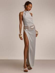 MUSERA Đầm maxi cổ cao, thắt eo đính sequin, xẻ tà, dễ thương, gợi cảm cho mùa hè, xuân, đi chơi, đi biển, nghỉ mát, Honey Tides - Xám - Xem 1