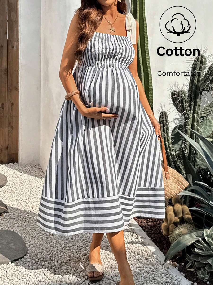 Boho Mama 孕妇休闲条纹无袖连衣裙 - 灰色 - 查看 1