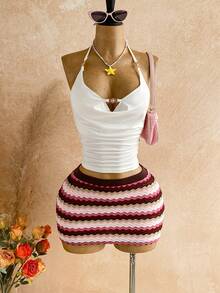 SHEIN WYWH Women's Sexy Bohemian Vacation Style Halter Backless Tie Front Top And Contrast Zigzag Print Mini Skirt Set Greece Vacation Outfit Curve Beach Outfits Beach Dinner Outfits Beach Club Outfit,Island Vacation Outfit,Music Festival Outfit,Cruise Vacation Outfit,Casual Vacation,Retro Outfit,Island Vacation Outfit,Music Festival Outfit,Cruise Vacation Outfit,Casual Vacation,Retro Outfit - Multicolor - View 8