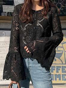 FRIFUL 女士纯色层叠薄纱蕾丝喇叭袖宽松休闲百搭衬衫，春夏款 - 黑色 - 查看 1
