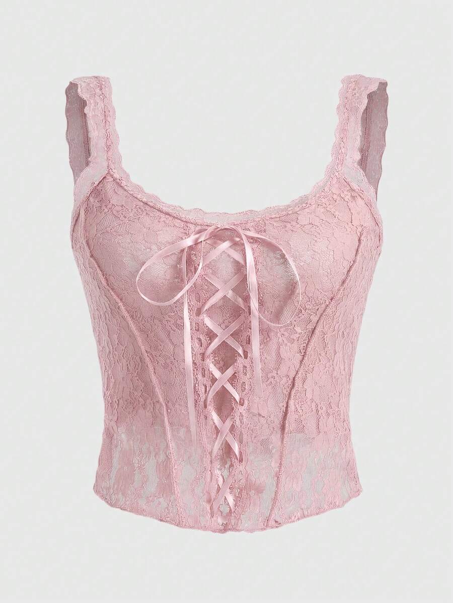 ROMWE Fairycore Áo corset hai dây gợi cảm, thanh lịch dành cho phụ nữ cỡ lớn có dây buộc - Hồng - Xem 1