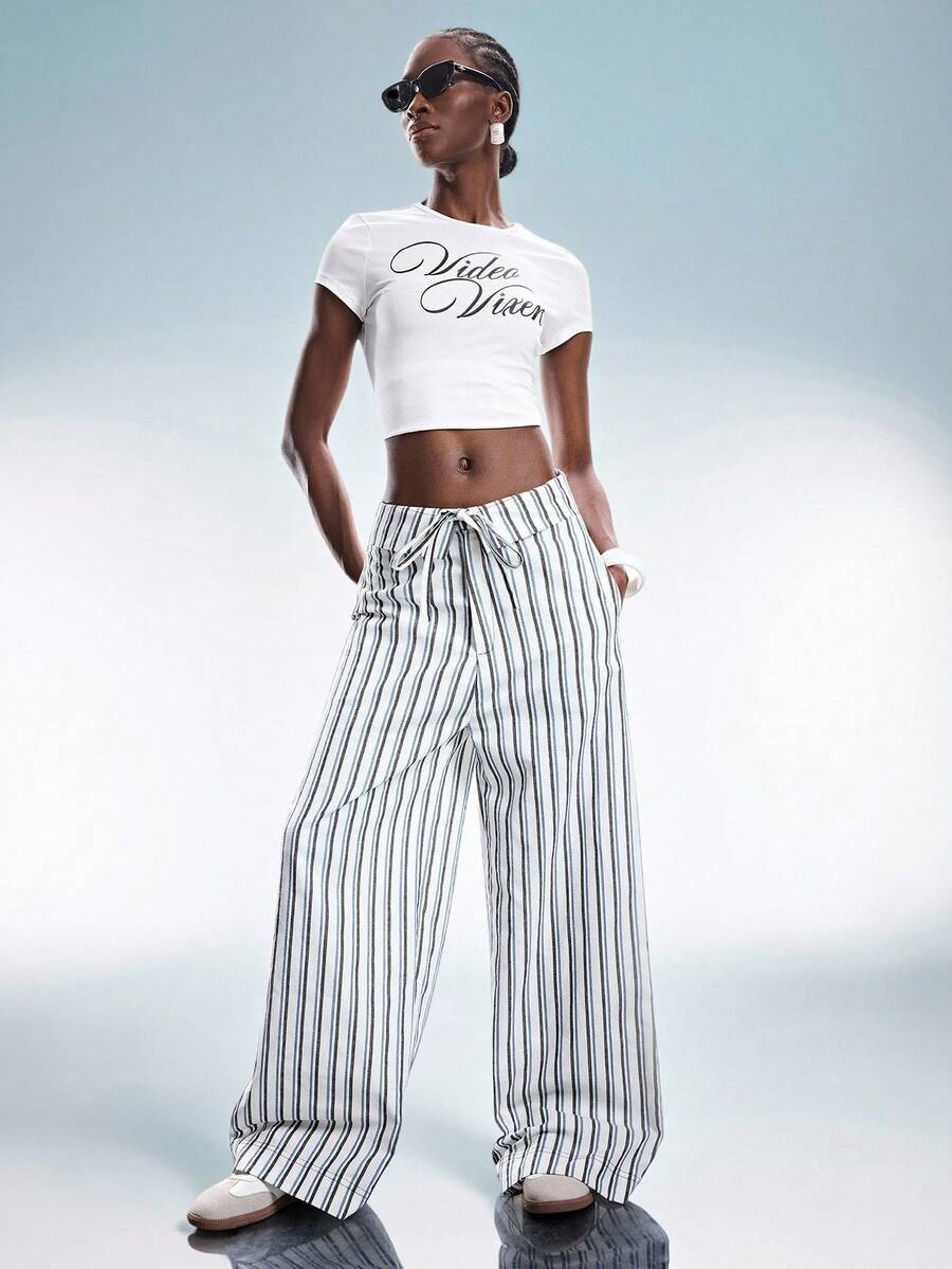 GENKIRA 欧美复古时尚休闲抽绳腰条纹裤 - 彩色 - 查看 1