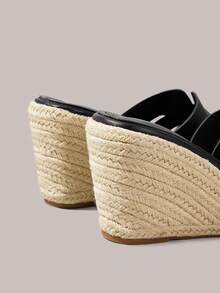 Styleloop 女士圆头坡跟黑色休闲亚麻绳凉鞋，简约设计，适合日常通勤、度假、旅行、波西米亚音乐节等场合。 - 黑色 - 查看 4