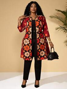 BrightlyHer 大码女式碎花拉链休闲百搭长款外套，适合日常穿着，女式外套，长款外套，女式碎花套装，碎花长外套，女式碎花大衣，女式长款外套 - 紅色 - 查看 3