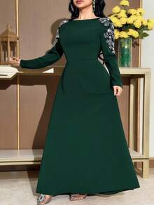 Modelyn Plus Size Elegant Party Sequin Embroidered Dress Fall - Dark Green - View 6